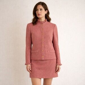 Vintage 70s 80s Castleberry Cardigan Skirt Set Size 8 Pink Knit‎ Ruffle Classy